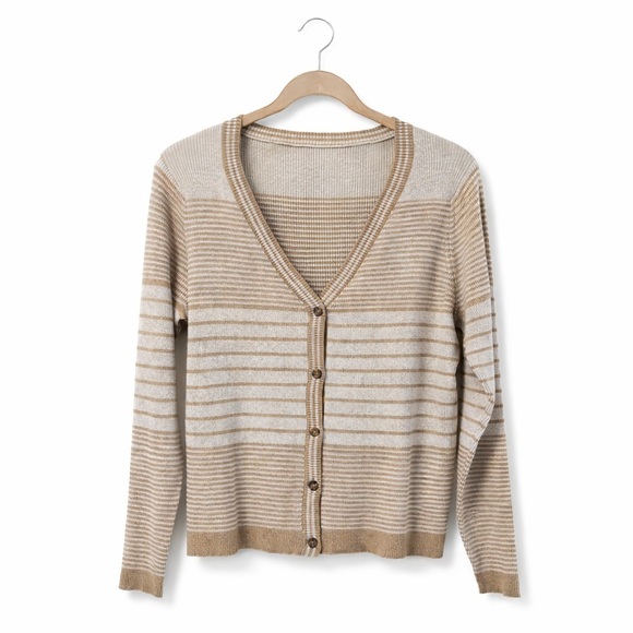 Cyrus Sweaters - NWT Cyrus Striped Gray and Camel Women's Cardigan Sweater, Size L